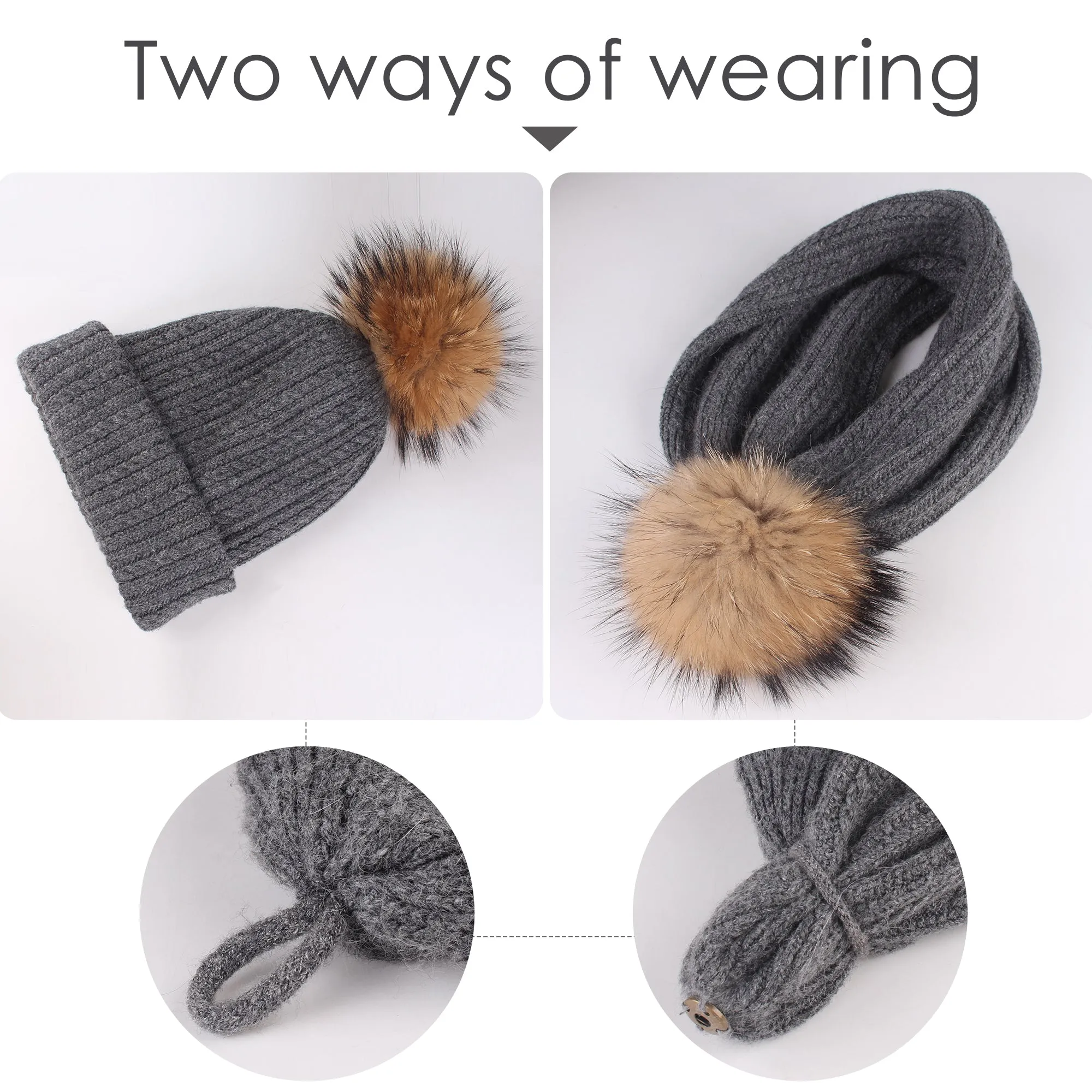 FURTALK Winter Women Real Fur Pom Pom  Hat and ScarfDrop Shipping AD003