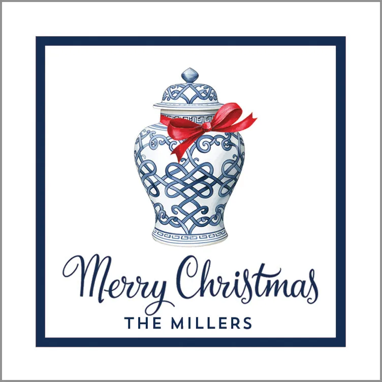 Ginger Jar with Red Bow Christmas Personalized Gift Sticker | Set of 24