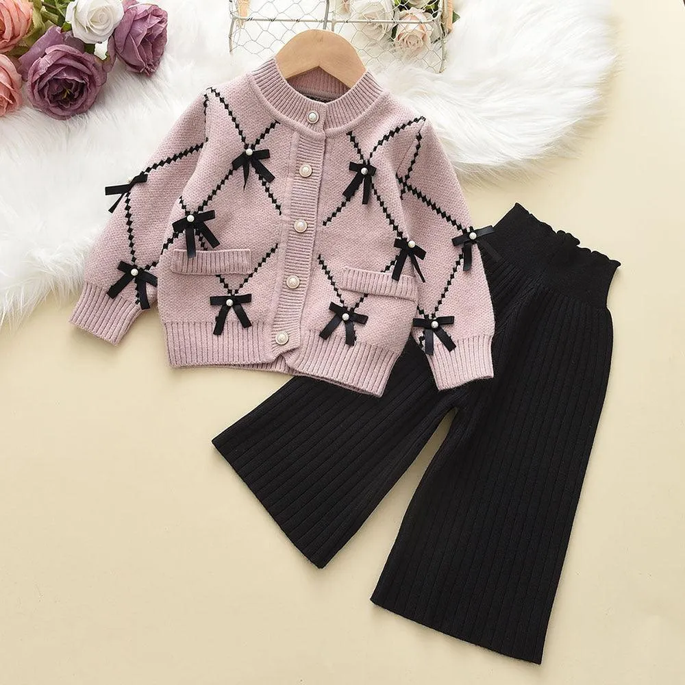 Girls' Bowknot Sweater Cardigan Wool Knitted Wide-leg Pants Two-piece Set