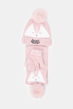 Girls Pink Embellished Winter Set (Pack of 3)