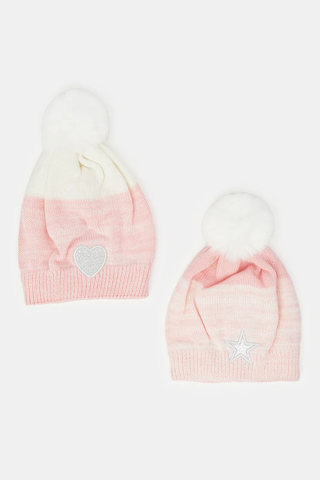 Girls Pink Pom Pom Knitted Cap (Pack of 2)