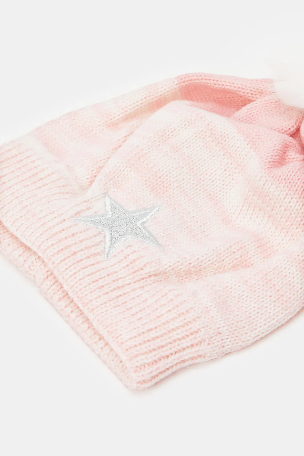 Girls Pink Pom Pom Knitted Cap (Pack of 2)