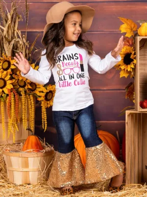 Girls "Brains & Beauty, All In One Cutie" Sequin Bell Bottom Jean Set