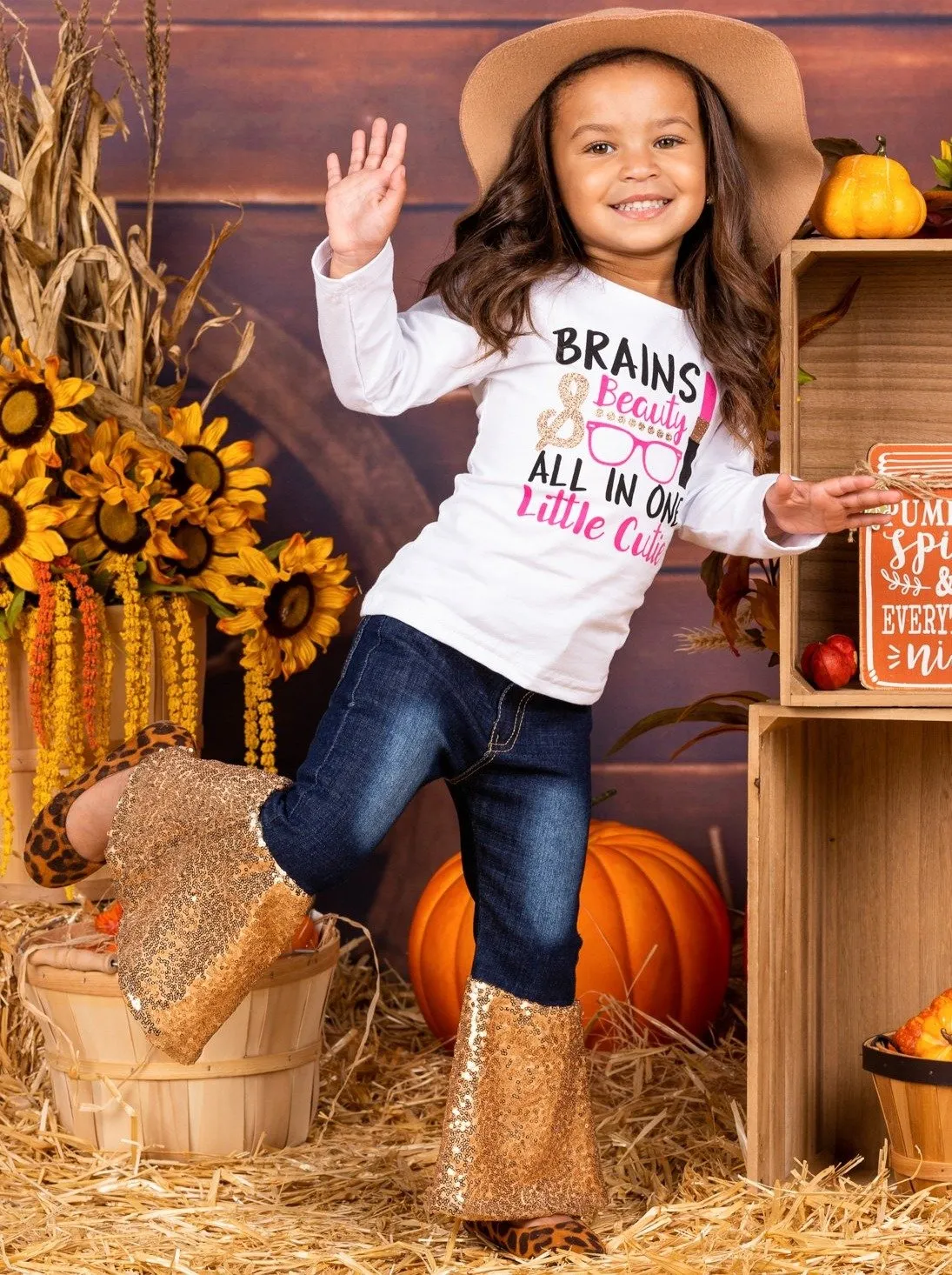 Girls "Brains & Beauty, All In One Cutie" Sequin Bell Bottom Jean Set