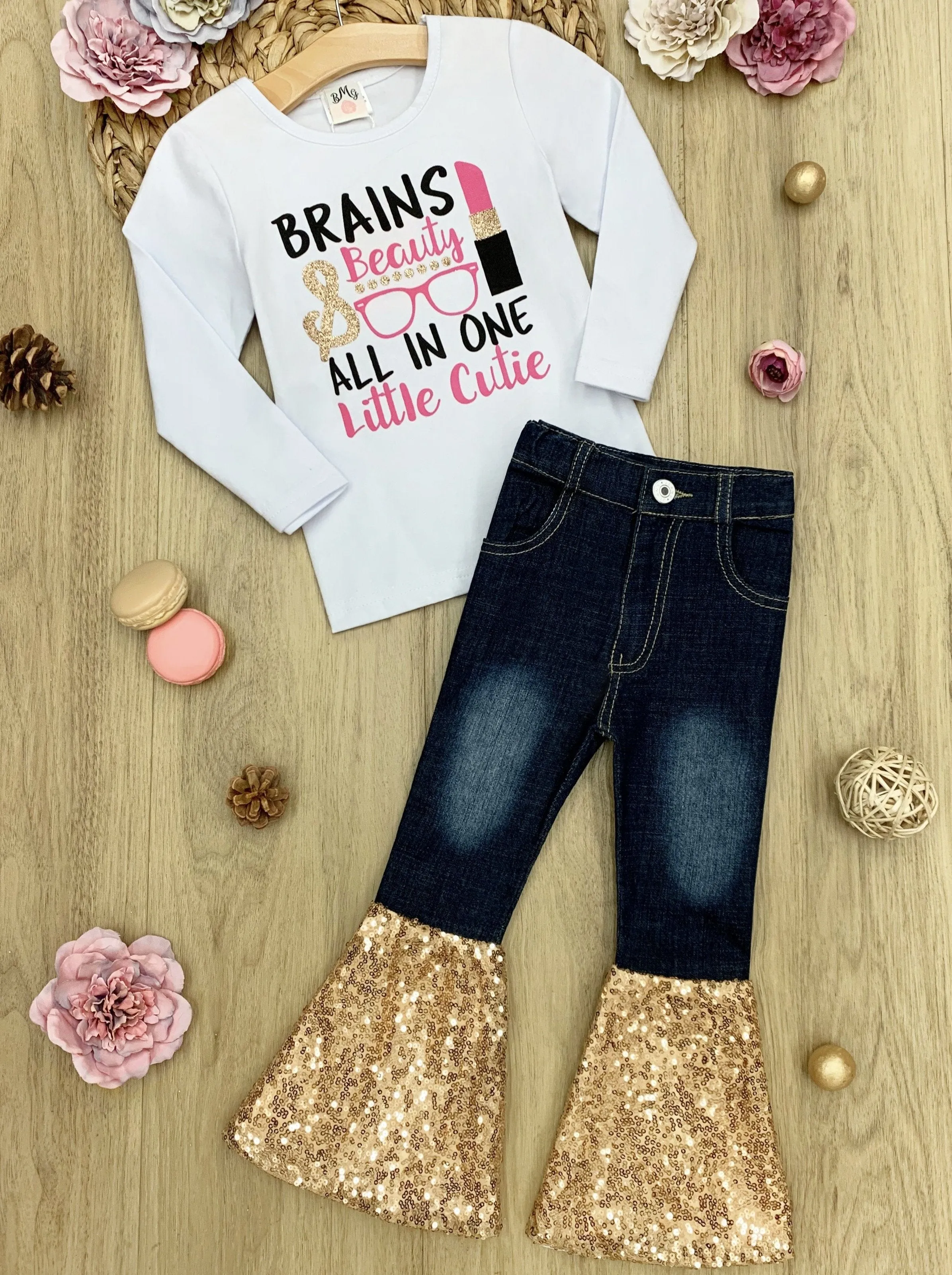 Girls "Brains & Beauty, All In One Cutie" Sequin Bell Bottom Jean Set