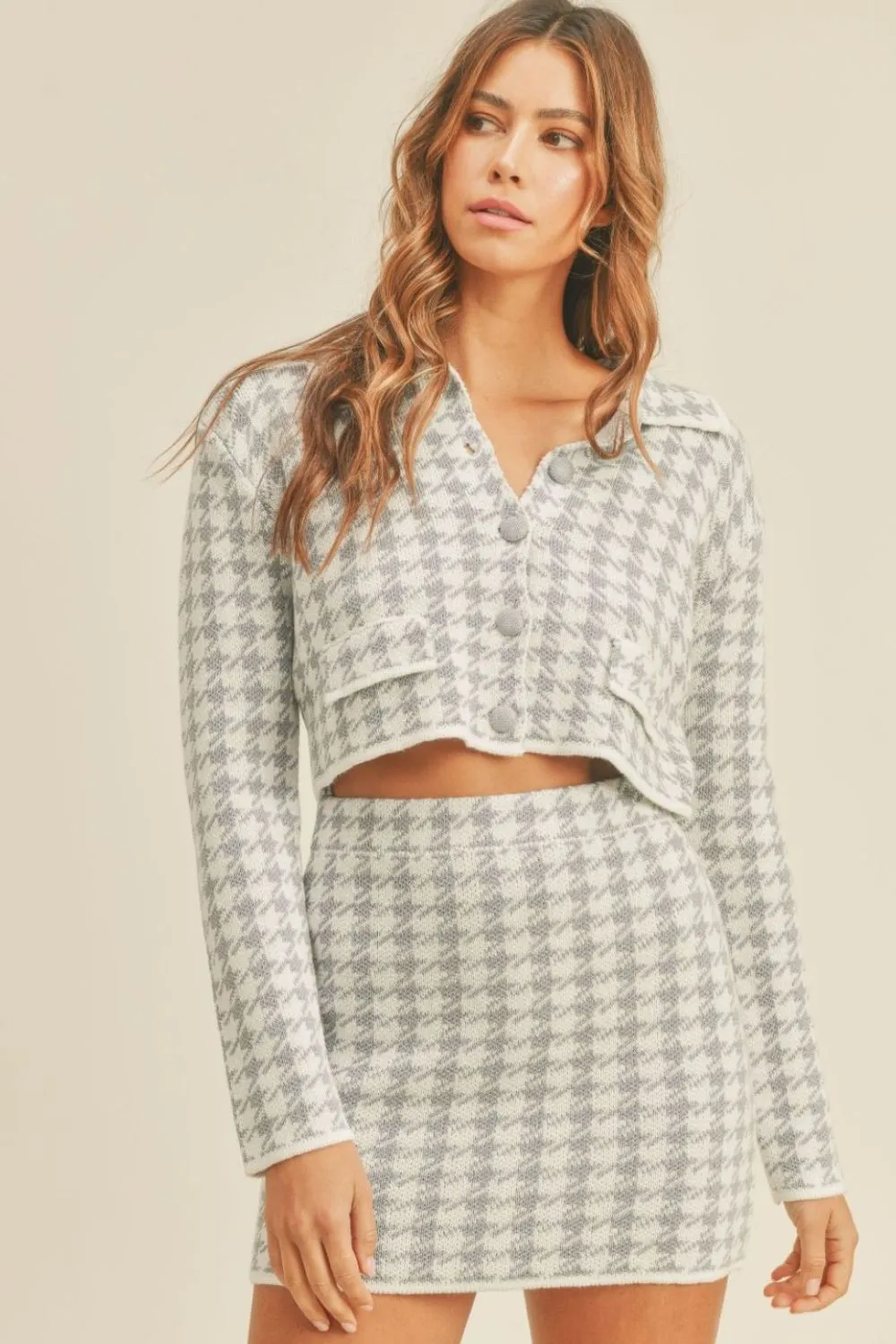 Hadley Houndstooth Knit Cardigan   Skirt Set