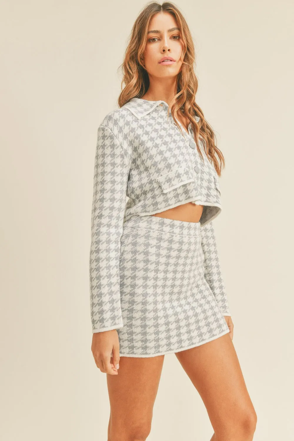 Hadley Houndstooth Knit Cardigan   Skirt Set