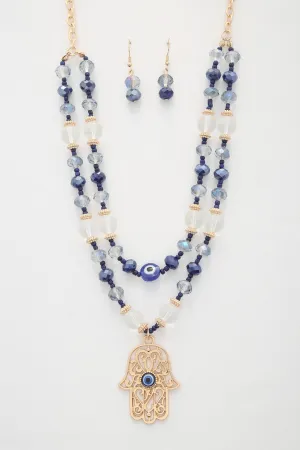 Hamsa Hand Pendant Beaded Layered Necklace