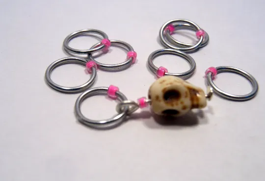 Handmade Snagless Stitch Markers ~ Neon Pink Skull ~ Set of 10