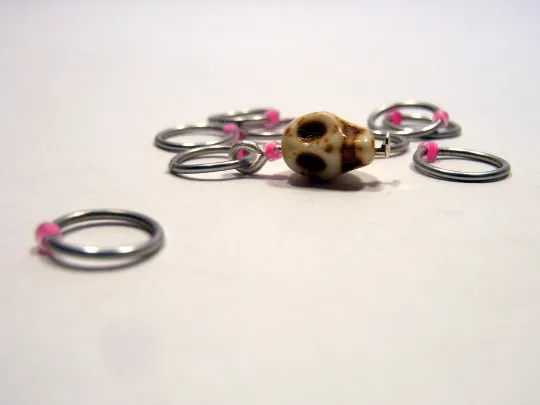 Handmade Snagless Stitch Markers ~ Neon Pink Skull ~ Set of 10