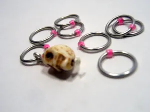 Handmade Snagless Stitch Markers ~ Neon Pink Skull ~ Set of 10