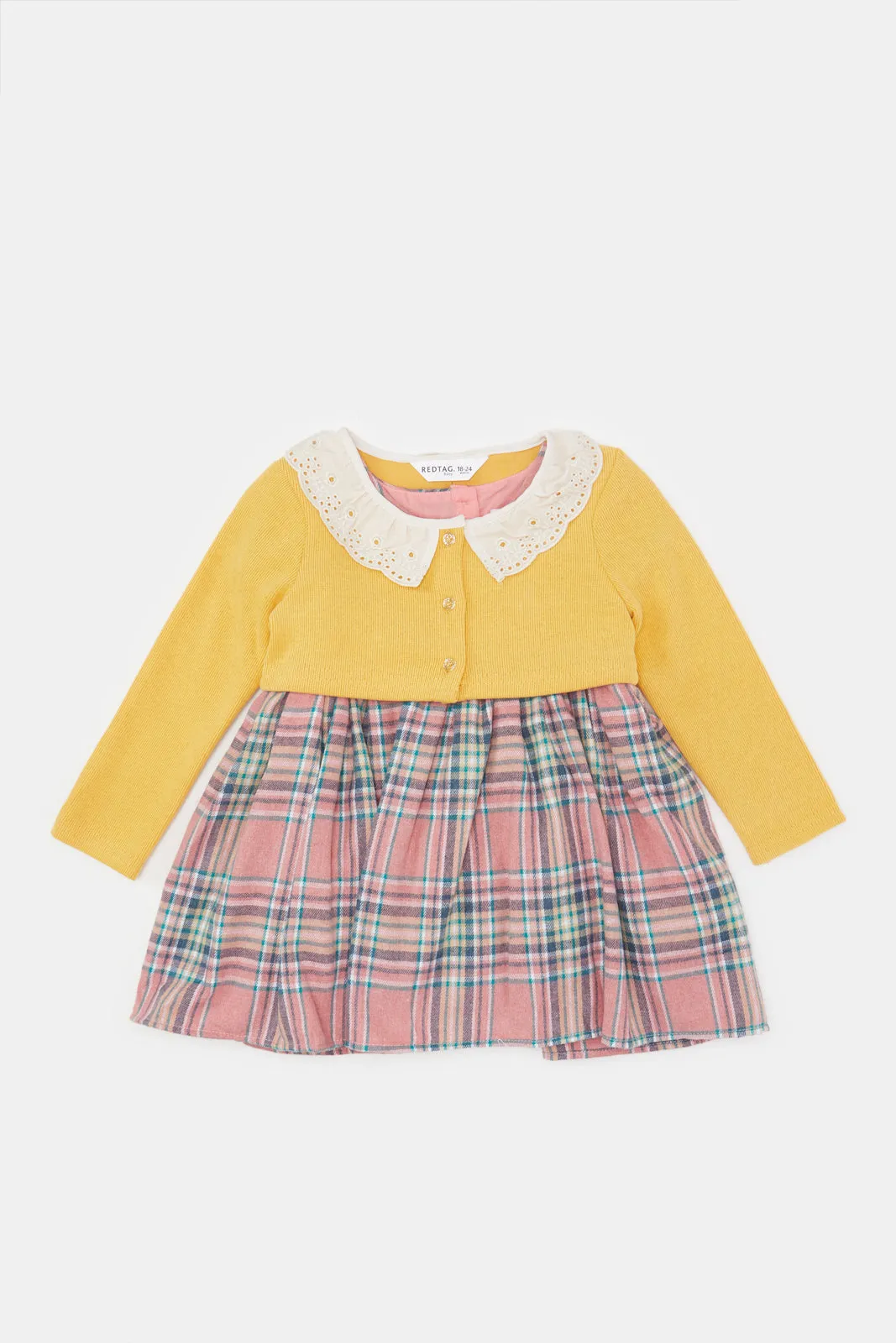 Infant Girls Pink And Mustard Dress With Cardigan (2 Piece)