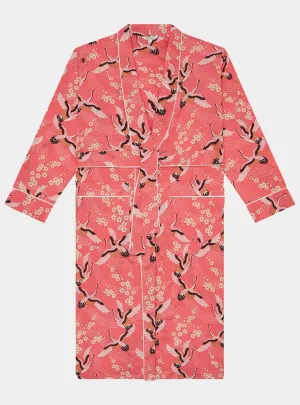 Japanese Crane on Coral Organic Cotton Robe