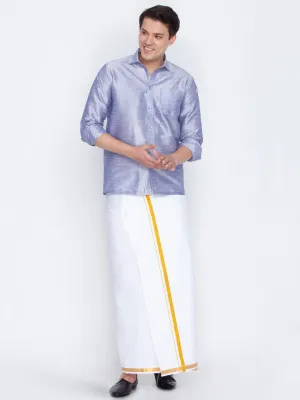 Jashvi Men's Blue Cotton Silk Blend Shirt and Mundu Set