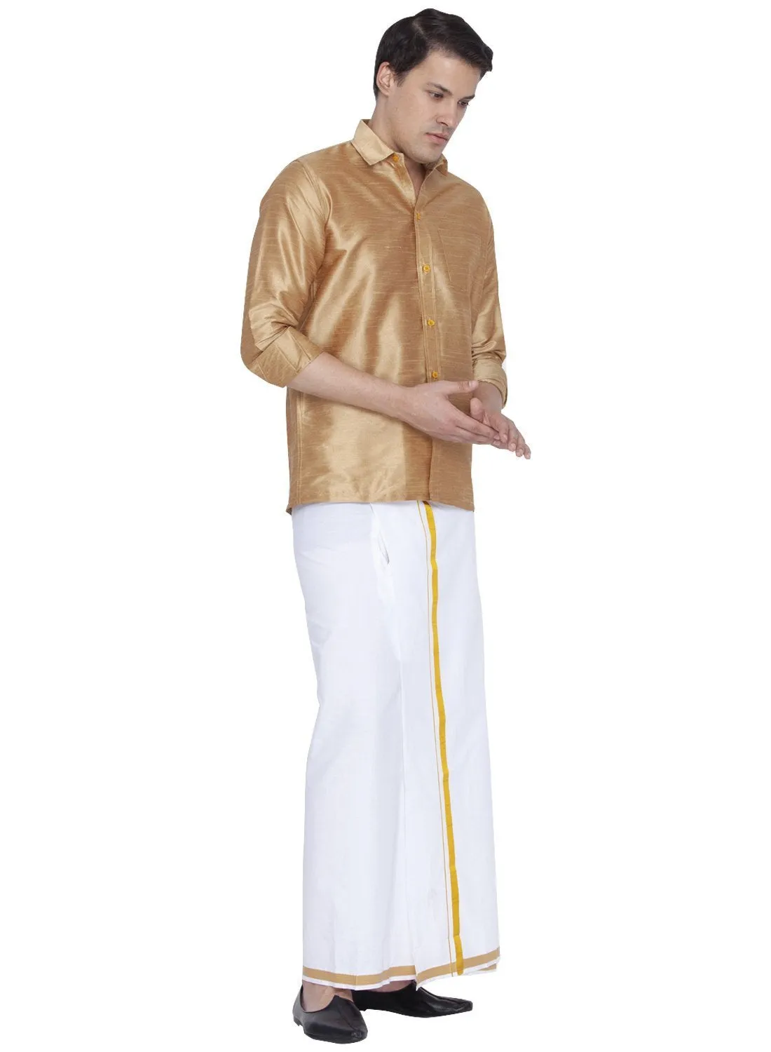 Jashvi Men's Gold Cotton Silk Blend Shirt and Dhoti Set