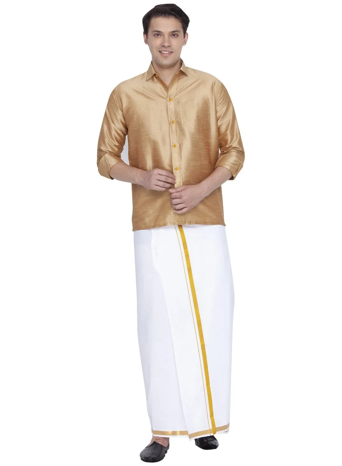 Jashvi Men's Gold Cotton Silk Blend Shirt and Dhoti Set