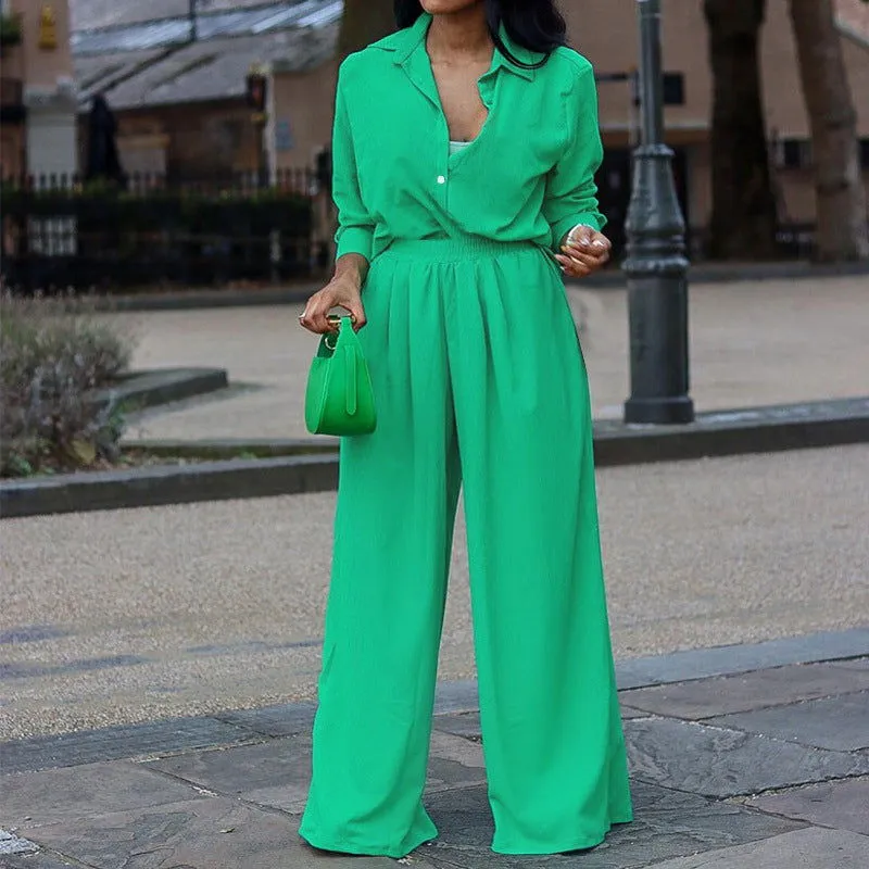 Long-sleeve Button Lapel Cardigan Shirt and Wide Leg Pants