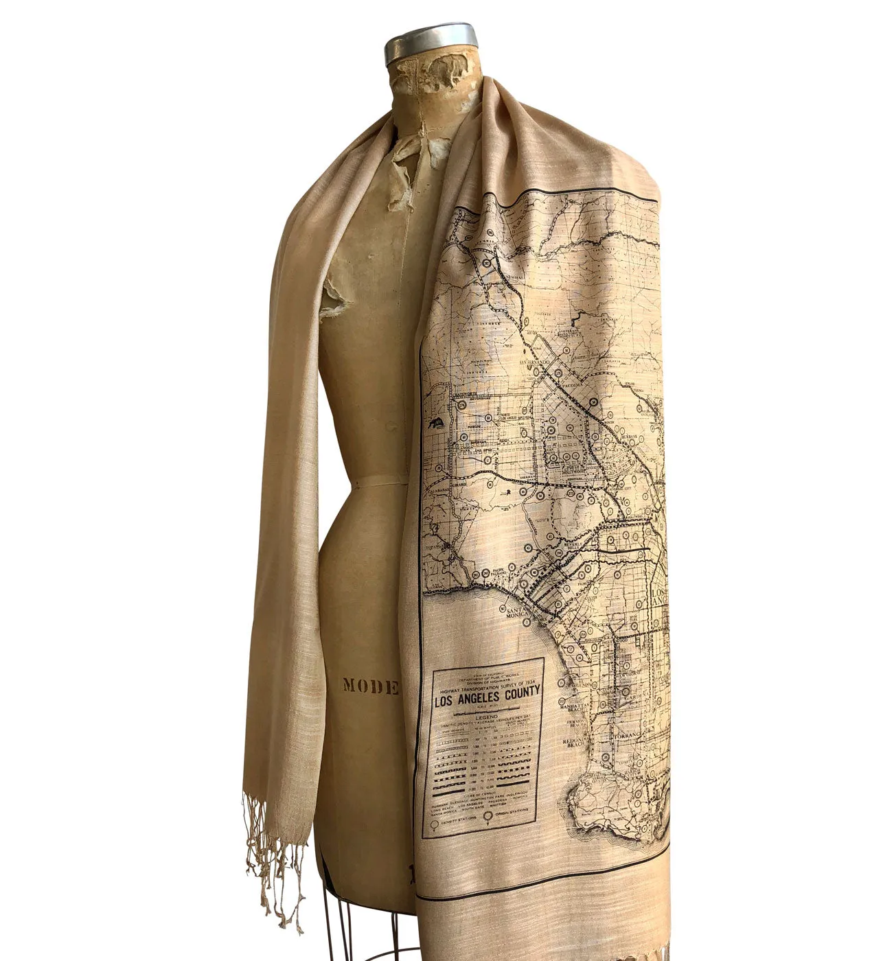 Los Angeles Map Scarf. Old California Map Linen-Weave Pashmina