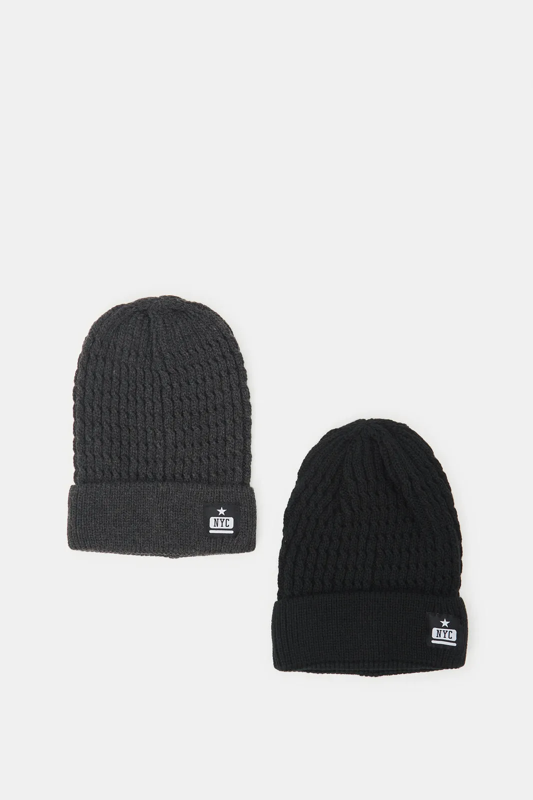 Men Black And Grey Knitted Cap Set (Pack Of 2)