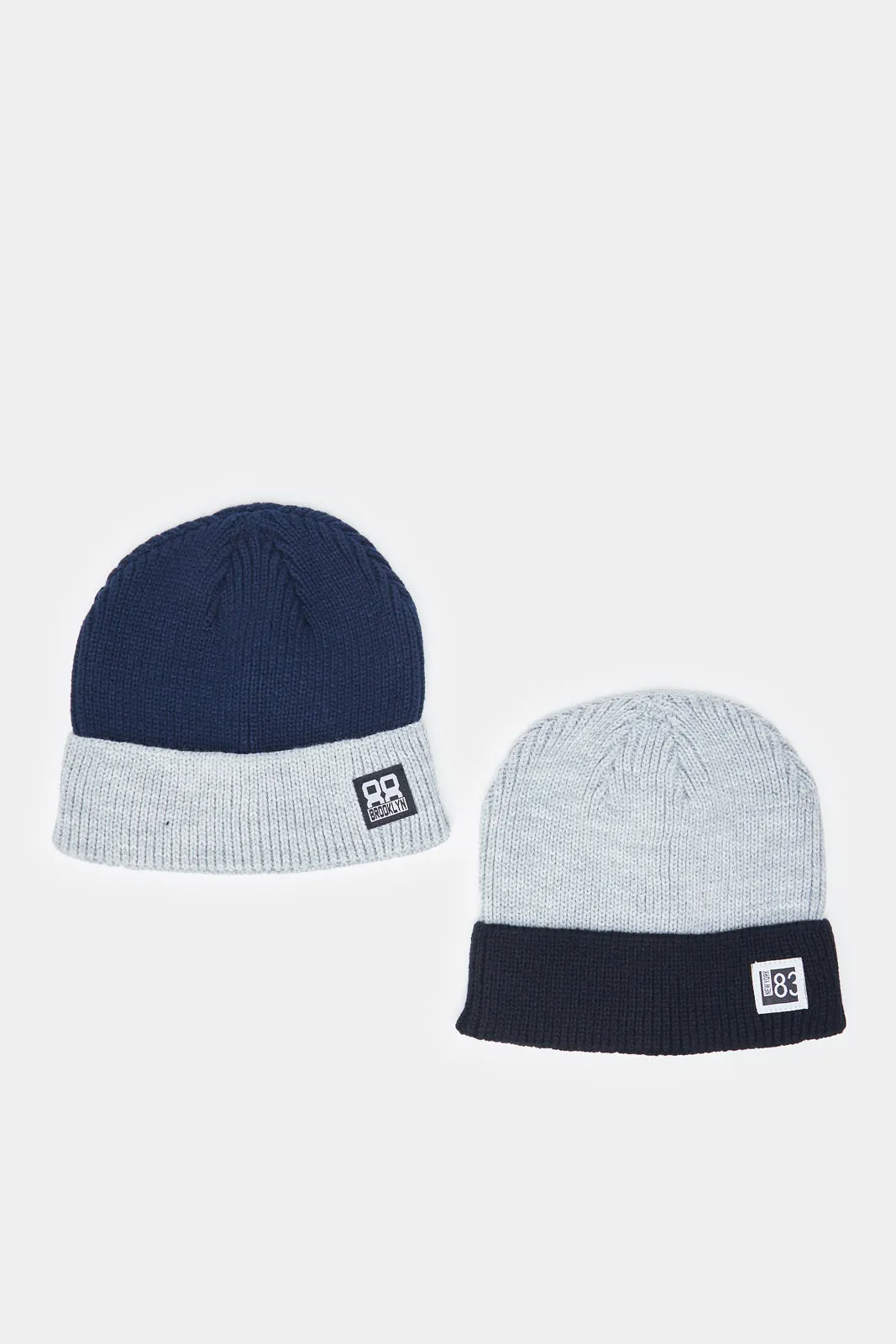 Men Navy And Grey Knitted Cap Set (Pack of 2)