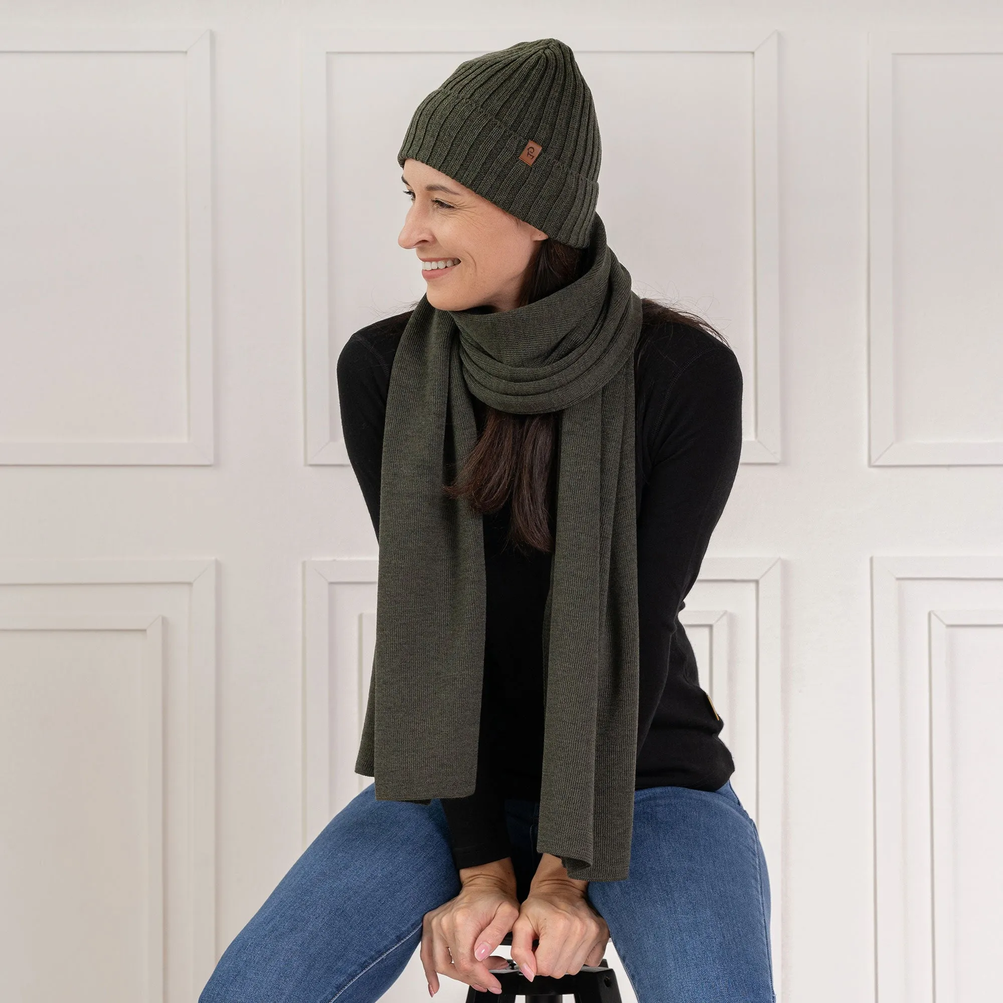 MENIQUE 100% Merino Wool Womens Ribbed Beanie & Scarf Merino 2-Piece