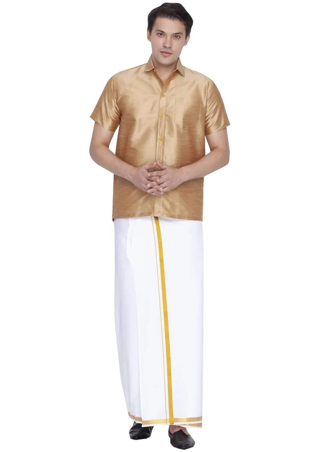 Men's Gold Cotton Silk Blend Shirt and Dhoti Set