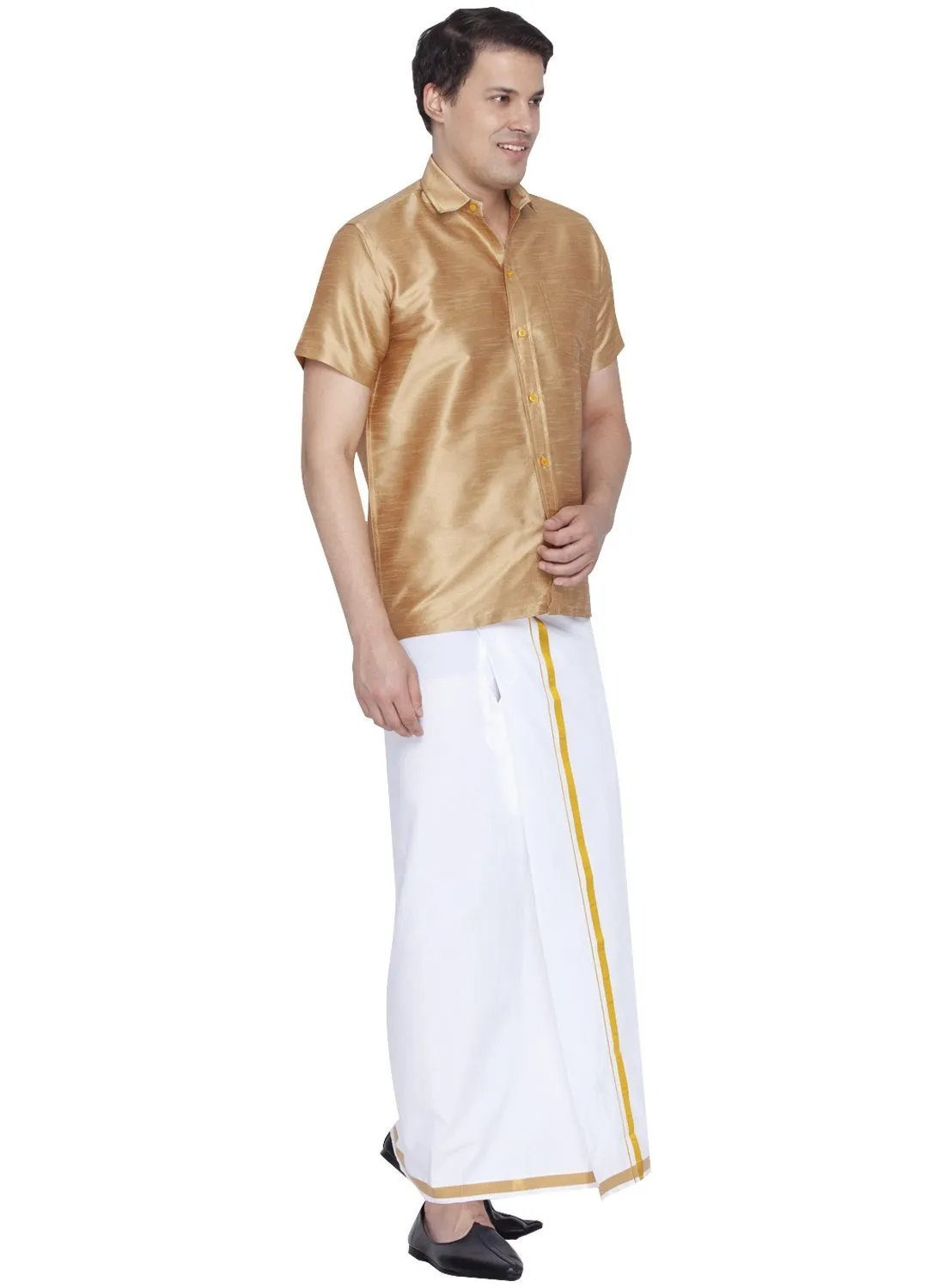 Men's Gold Cotton Silk Blend Shirt and Dhoti Set