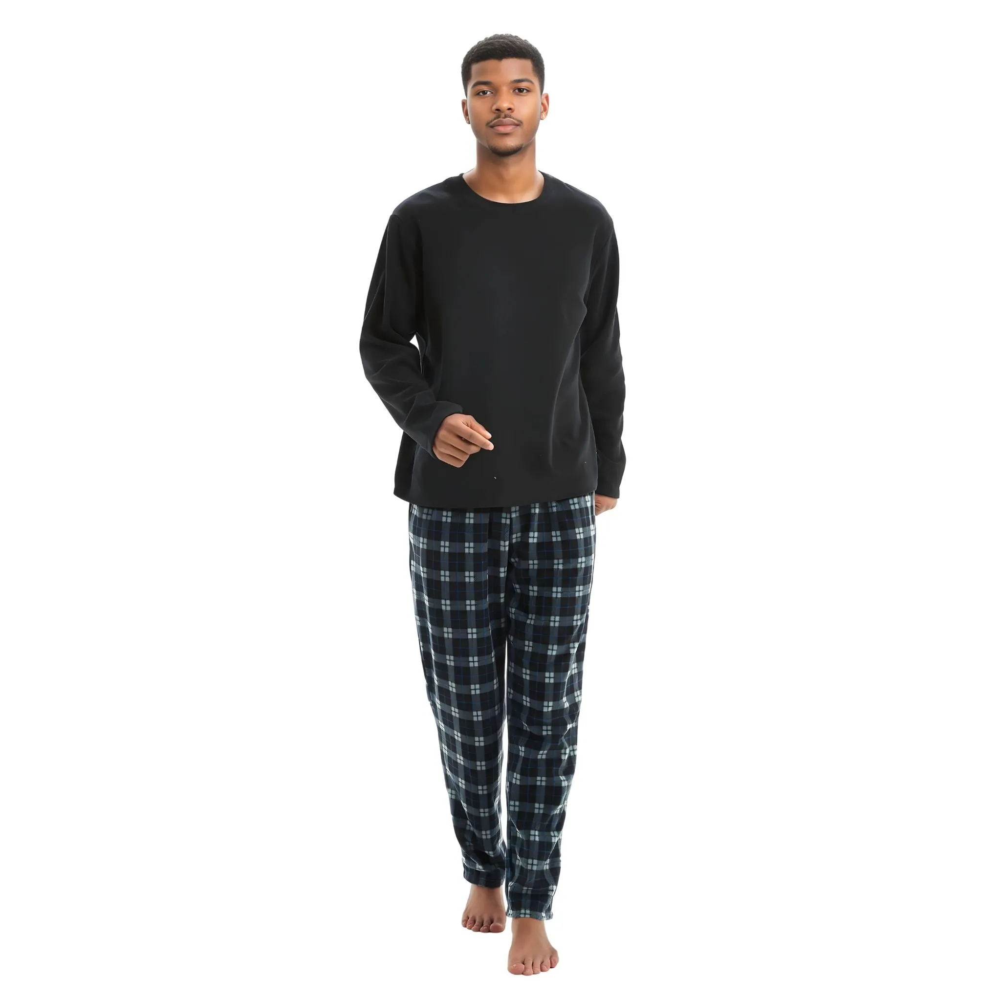 Men's Pyjamas Set Long Sleeve Black Comfy Fleece Loungewear.