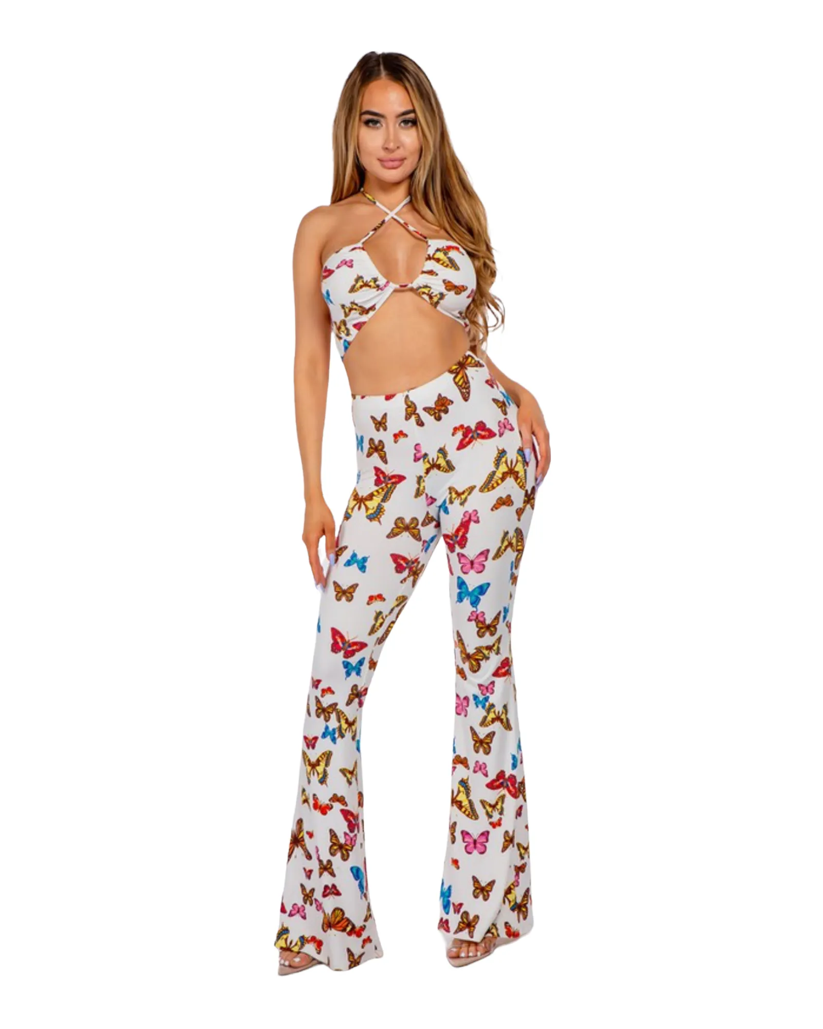 Mimi Butterfly Cross Top With Flare Pants Set