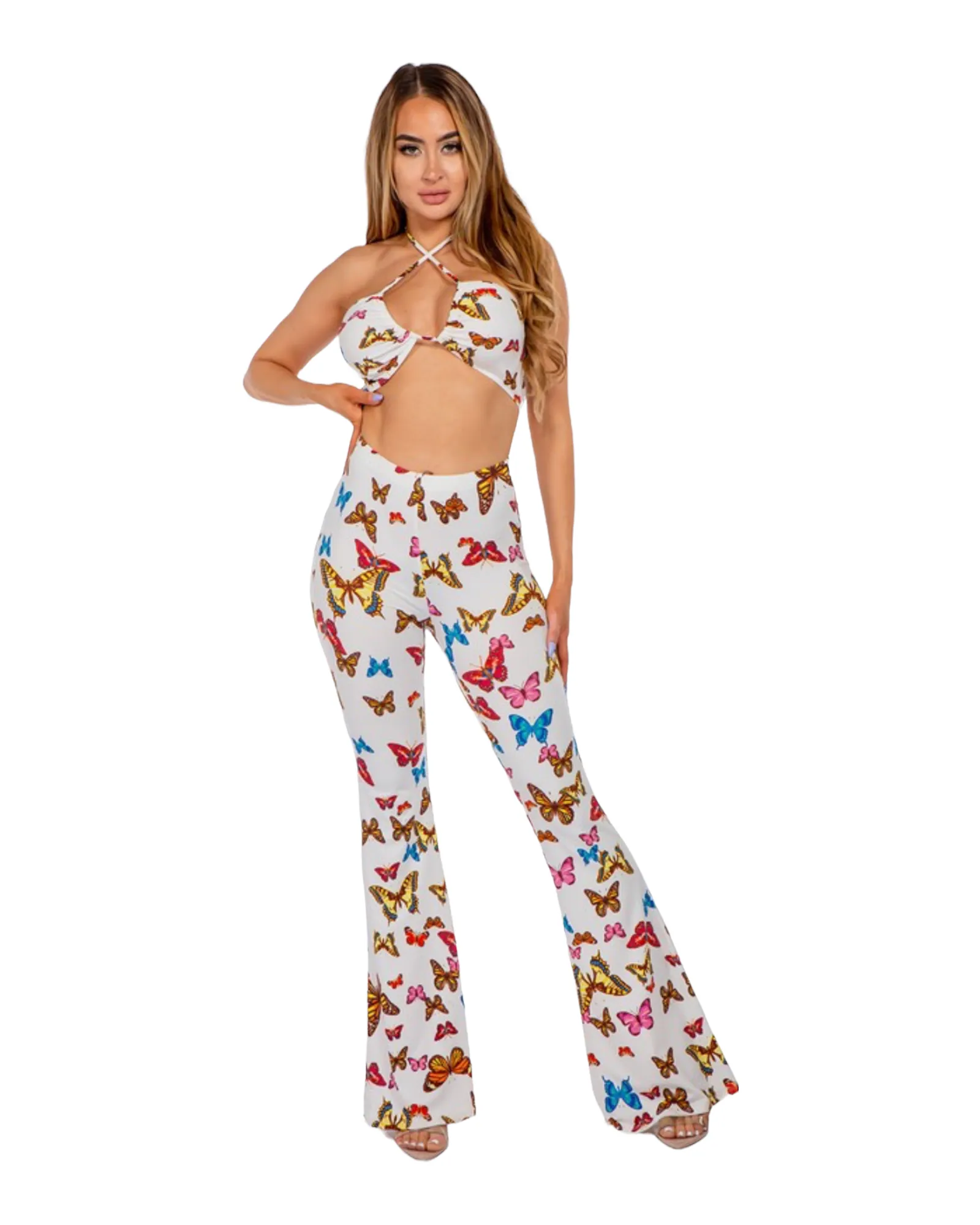 Mimi Butterfly Cross Top With Flare Pants Set