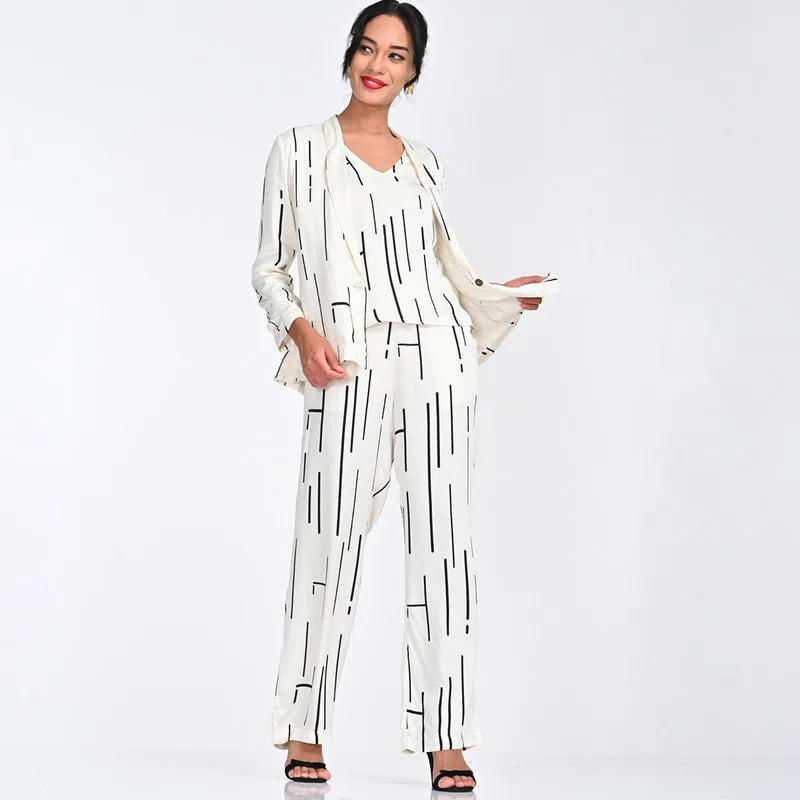 Modal Printed Co Ord Set For Women | Blazer, Top & Pant | Shawl Collar | Off White