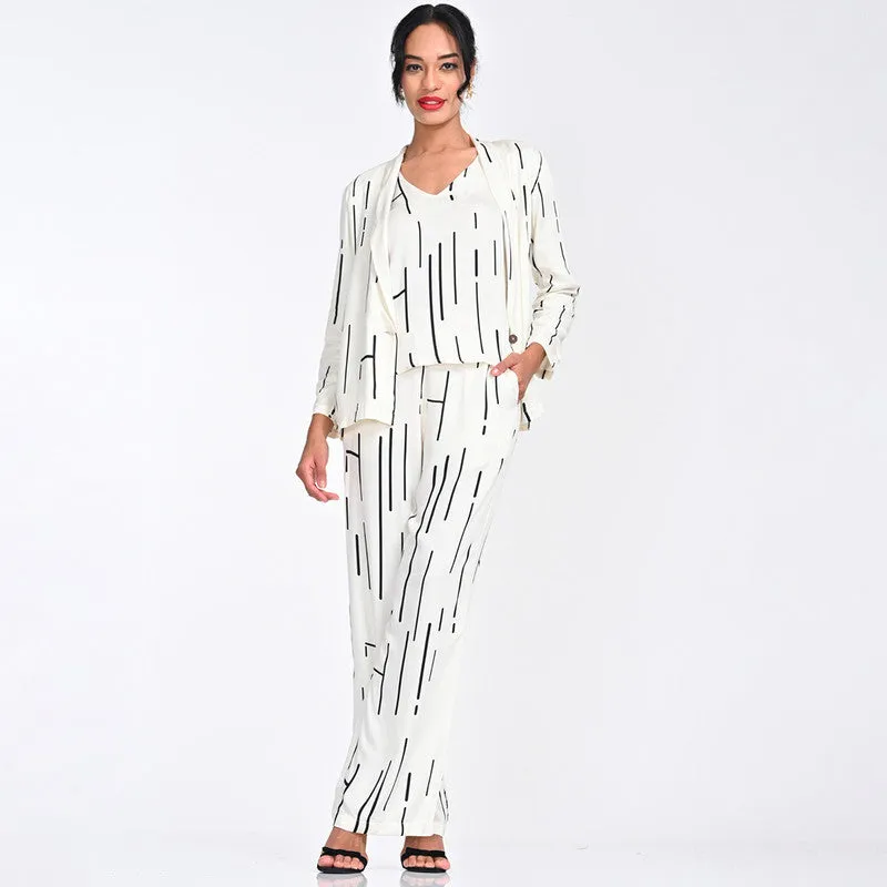 Modal Printed Co Ord Set For Women | Blazer, Top & Pant | Shawl Collar | Off White