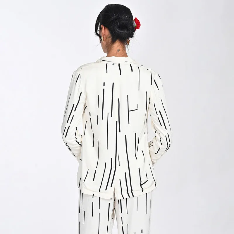 Modal Printed Co Ord Set For Women | Blazer, Top & Pant | Shawl Collar | Off White