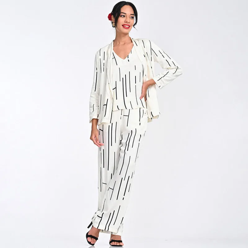 Modal Printed Co Ord Set For Women | Blazer, Top & Pant | Shawl Collar | Off White