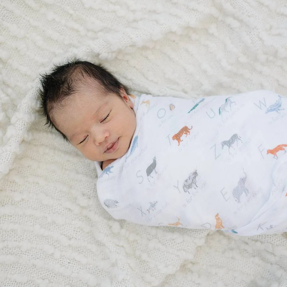 Muslin Swaddle Blanket Set Oh So Soft Animal Alphabet   Grey Crayon