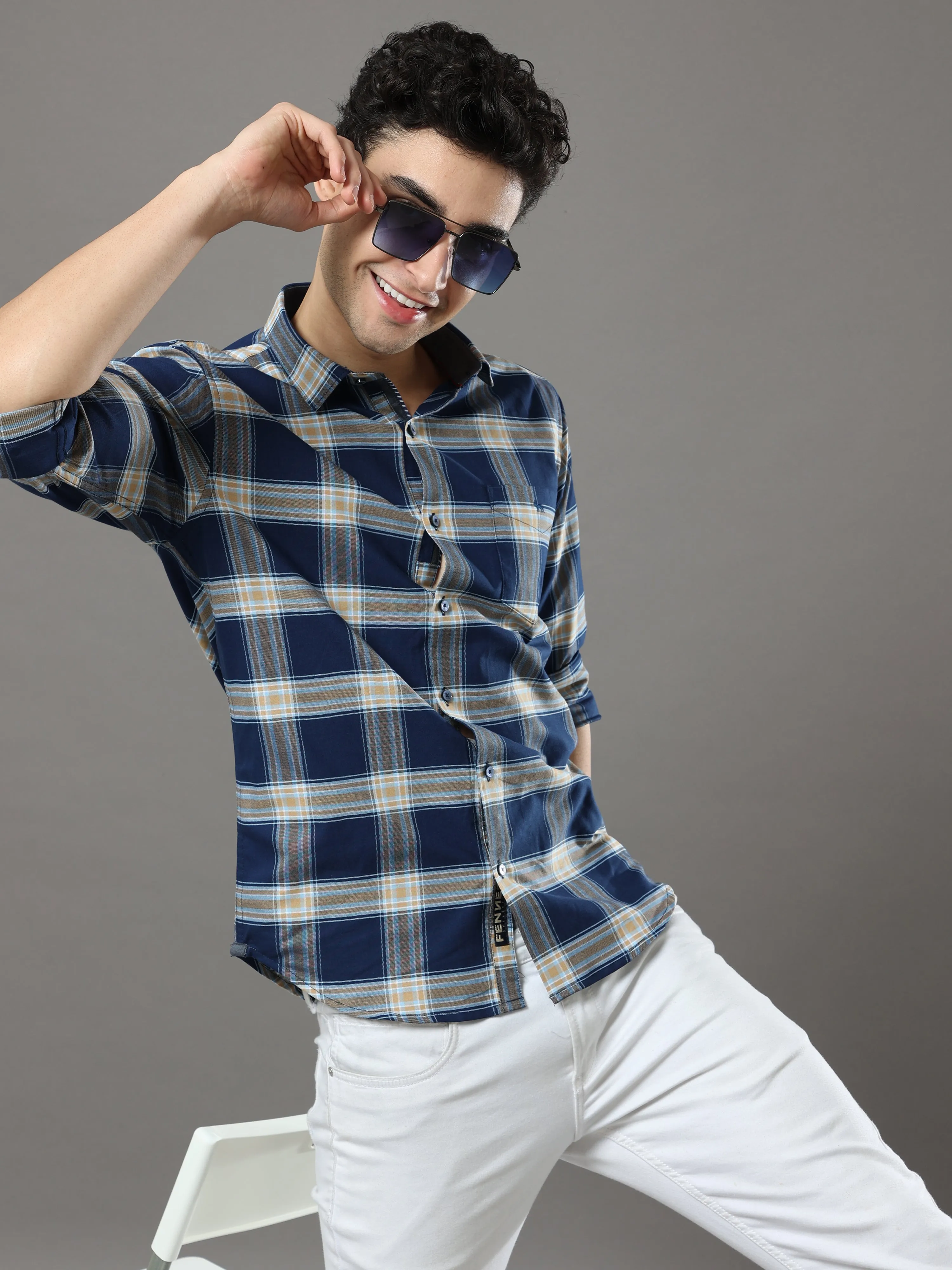 Navy Blue And Mustard Checks Shirt