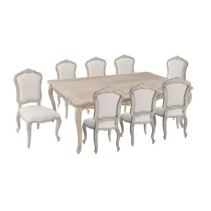 Oak Wood White Washed Large Dining Set with Linen Chairs