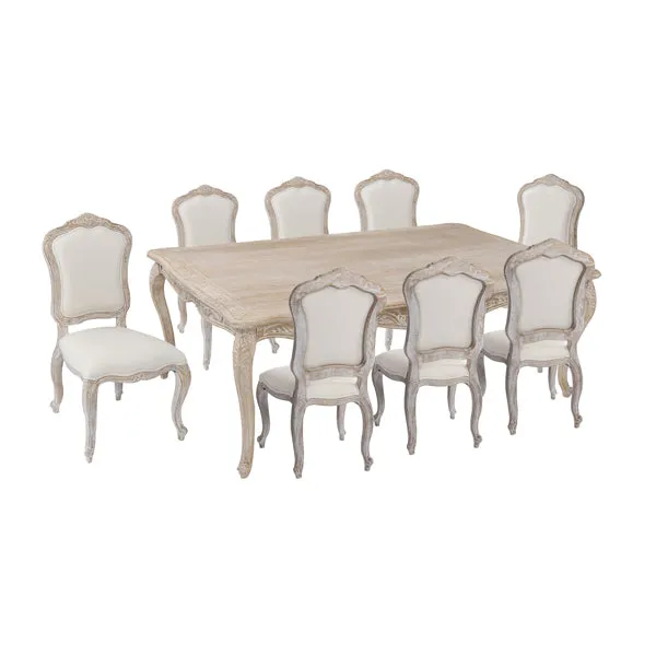 Oak Wood White Washed Large Dining Set with Linen Chairs