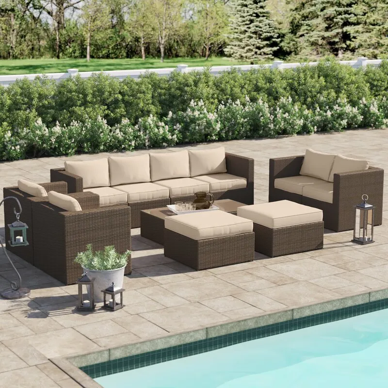 Olivier Outdoor Sofa Set 4 Seater ,2 Seater, 2 Single Seater and 2 Center Table with 2 Ottoman Set (Brown  Cream)