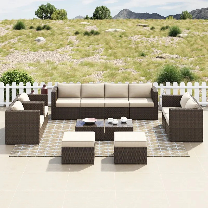 Olivier Outdoor Sofa Set 4 Seater ,2 Seater, 2 Single Seater and 2 Center Table with 2 Ottoman Set (Brown  Cream)