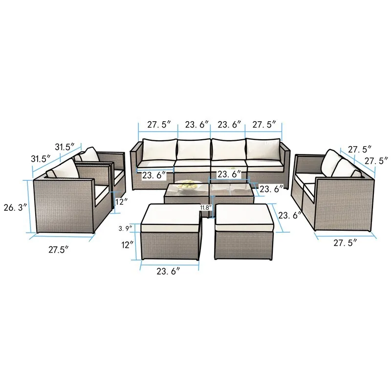 Olivier Outdoor Sofa Set 4 Seater ,2 Seater, 2 Single Seater and 2 Center Table with 2 Ottoman Set (Brown  Cream)