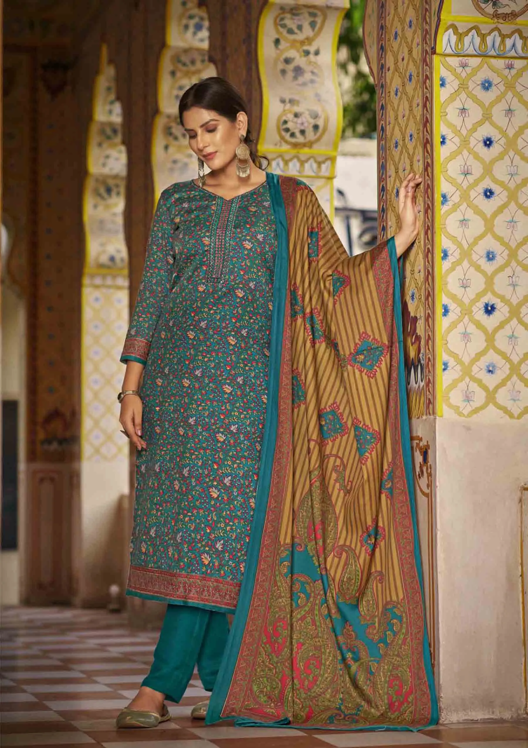 Pashmina Spun Unstitched Emerald Blue Winter Salwar Suits Set