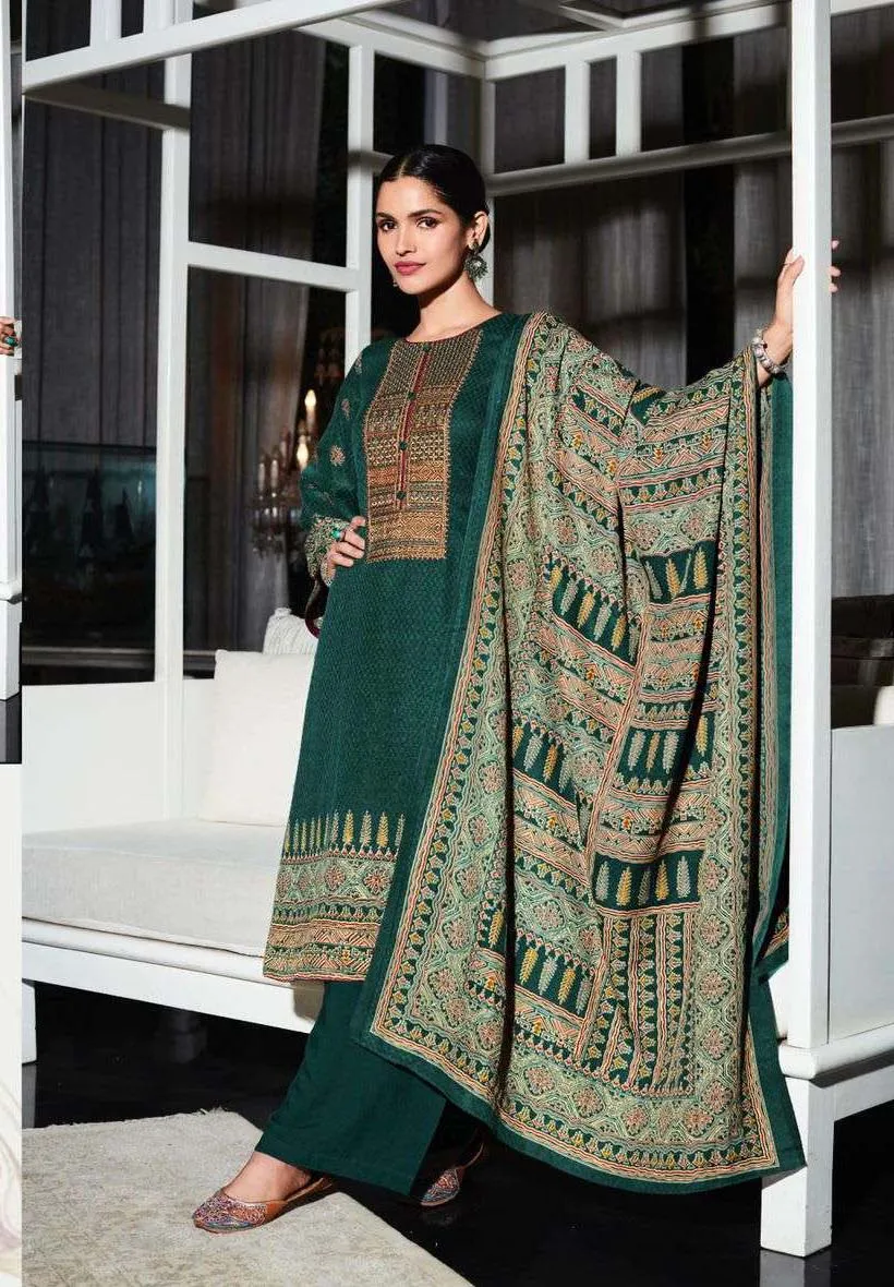 Pashmina Unstitched Teal Green Winter Suits Set with Neck Embroidery