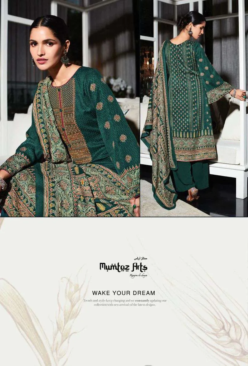 Pashmina Unstitched Teal Green Winter Suits Set with Neck Embroidery