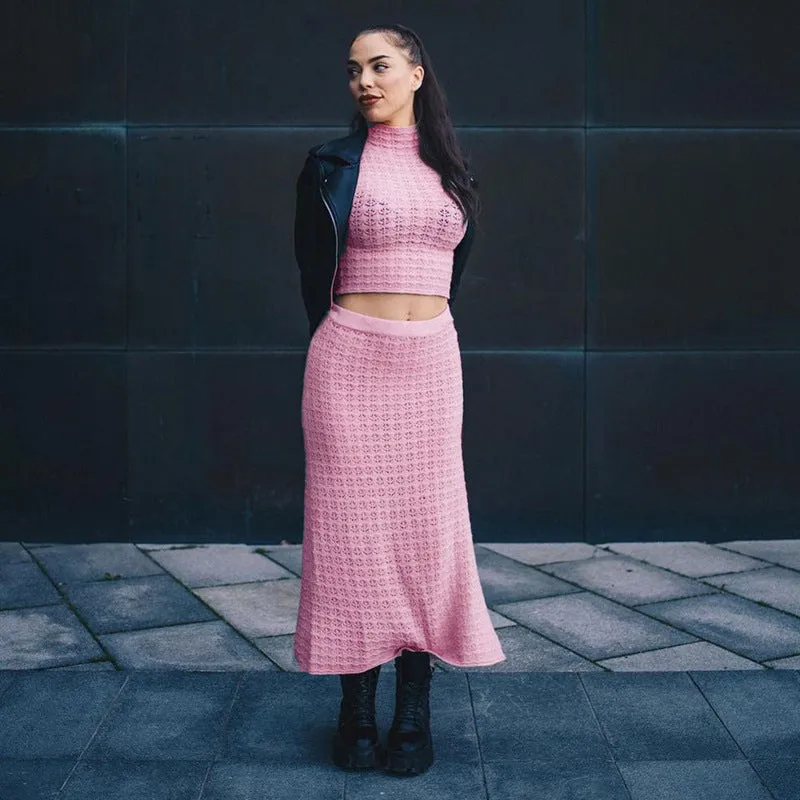 Pink & Trendy Knitted Skirt Set