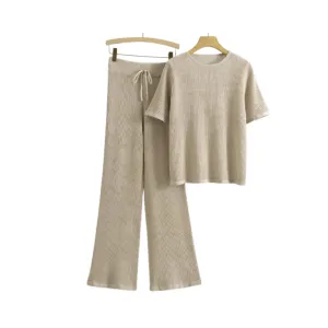 Pre Order: Semi Transparent Loose Knit T-Shirt   Wide Leg Pants Set