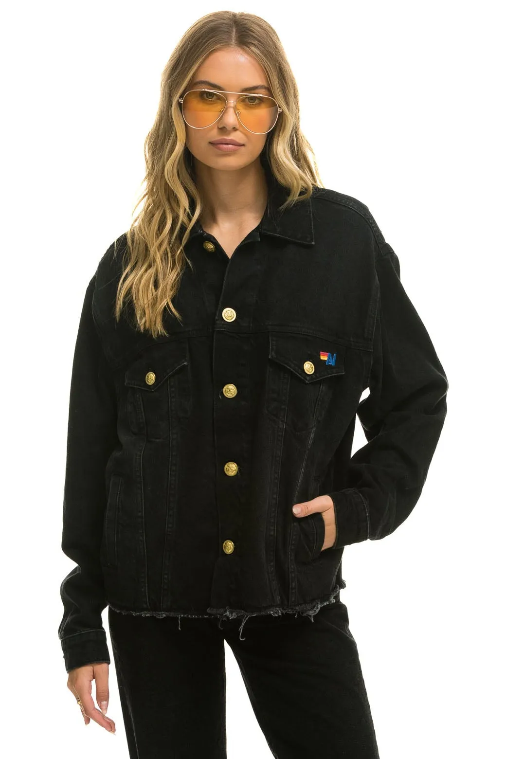 RAINBOW BOLT OVERSIZED CROP DENIM JACKET - VINTAGE BLACK