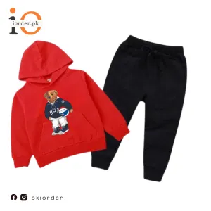 Red Football Bear Printed Kids Hoodie Set