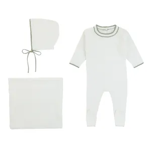 Rommp Green Trim Outline White Knit Onesie w/Bonnet