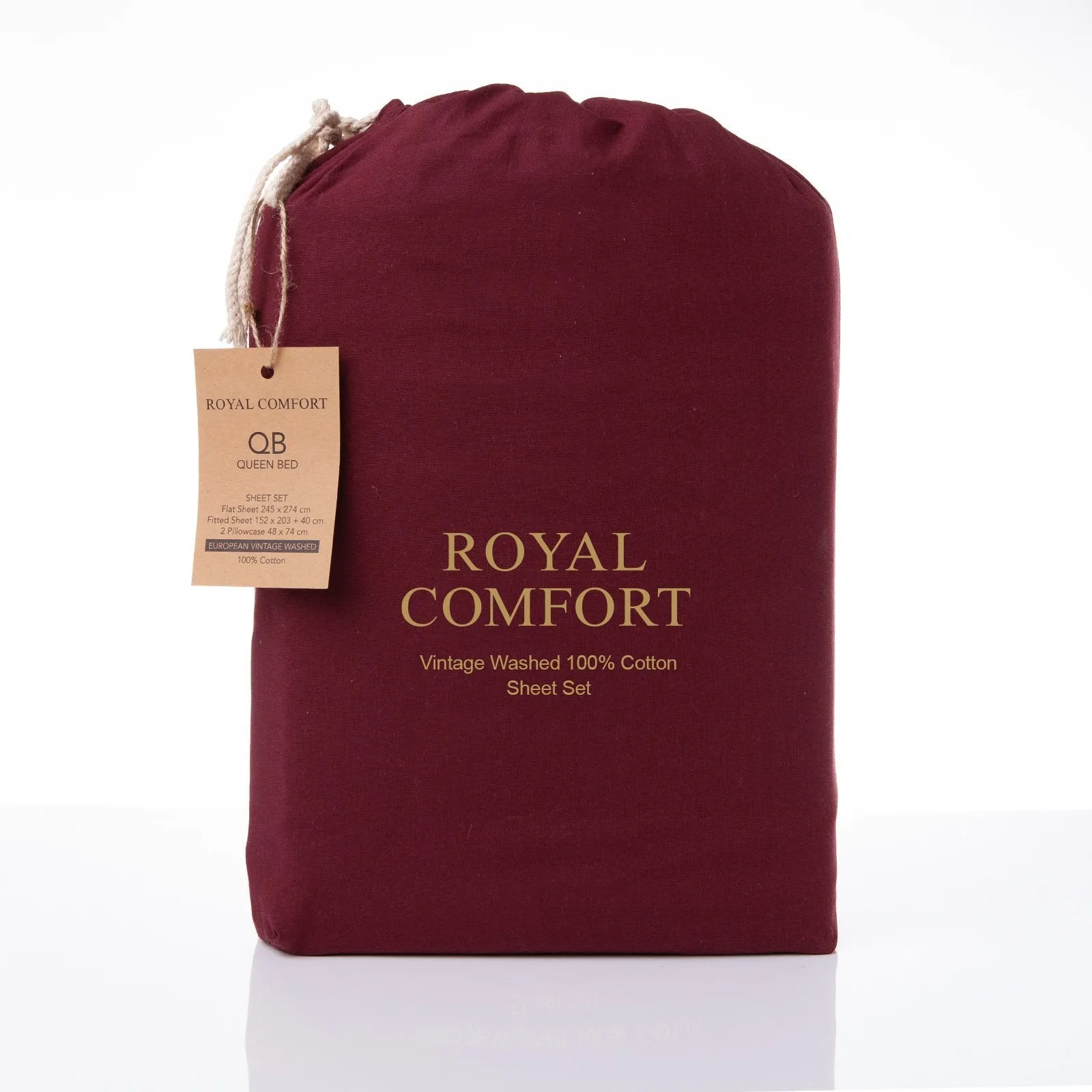 Royal Comfort Vintage Washed 100% Cotton Sheet Set Fitted Flat Sheet Pillowcases Double Mulled Wine